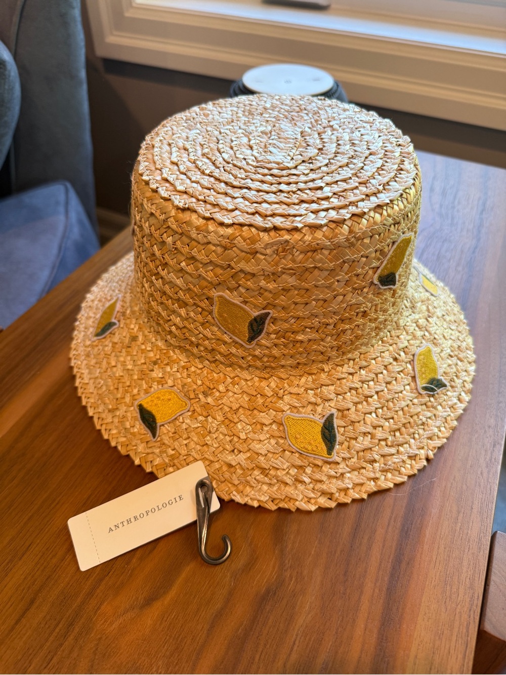 NWT Anthropologie Straw Bucket Hat with Yellow Lemon Embroidery